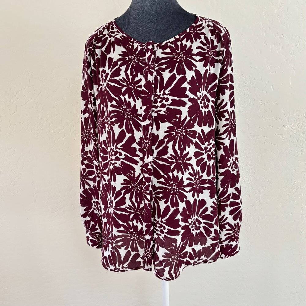 LOFT Maroon and White Floral Button-Up Blouse